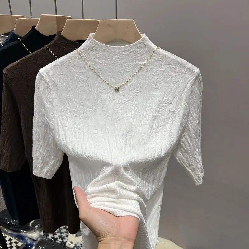 2025 Knitted Halfturtleneck Pullover Bottom Shirts Sweater Jumper Elegant Korean Fashion Short Sleeved Tops Knitwear 250530