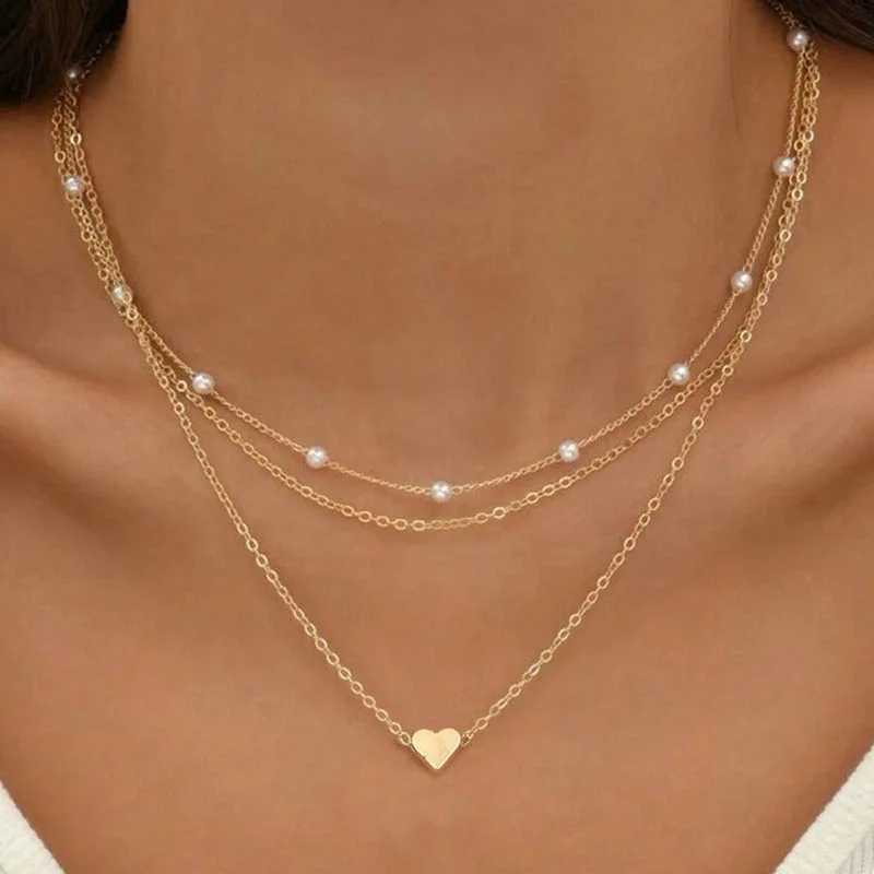 Multilayer Pearl Cross Love Heart Pendant Necklaces for Women Gold Color Fashion Collarbone Neck Chain 2024 Trend Jewelry Gift XJ250604