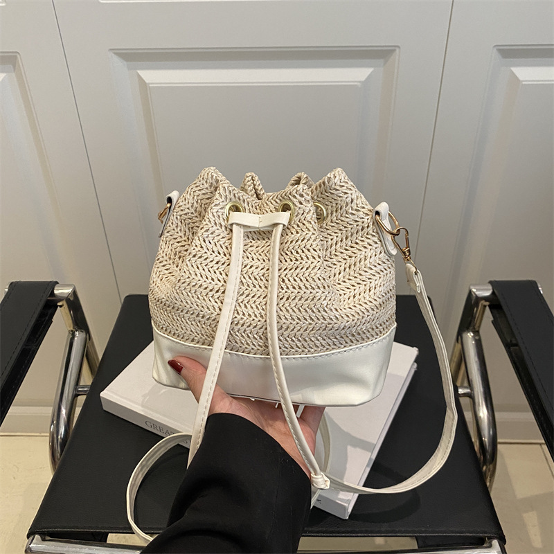 designer Korean Style Fashion Trend Crossbody Bag Personality Straw Bag 2025 Spring New Casual Color-Block Handbag Bucket Bag