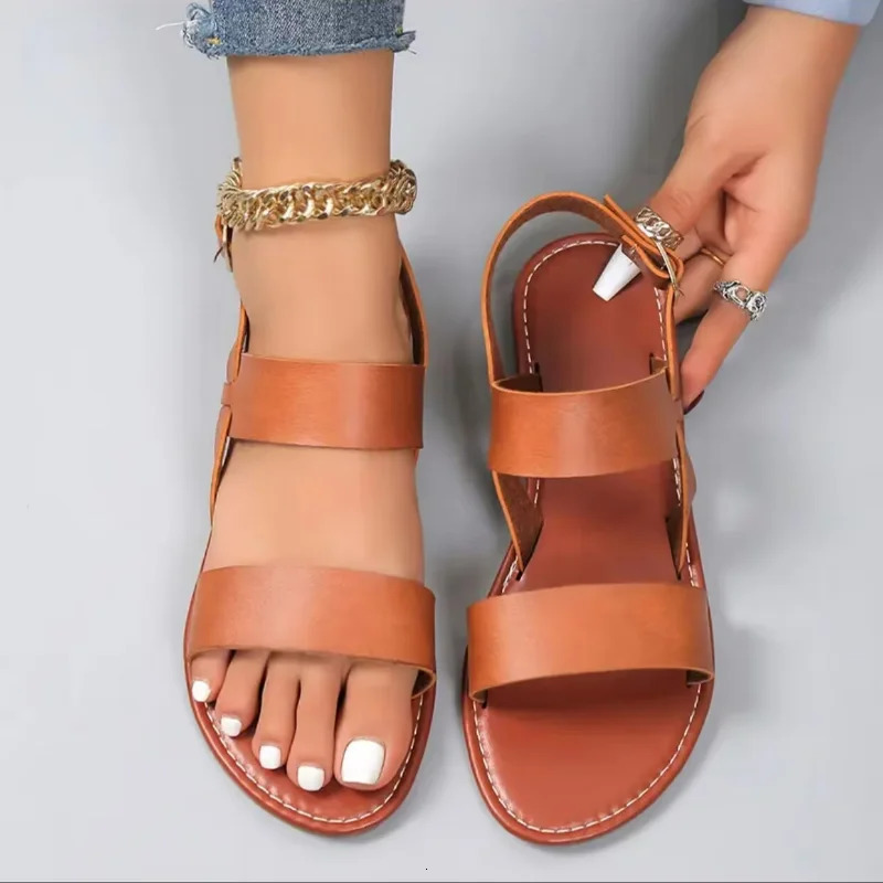 Women Flat Sandals Leather Cross Strap Rome Style High Quality Summer Ladies Shoes Buckle Womens Shoes 250605