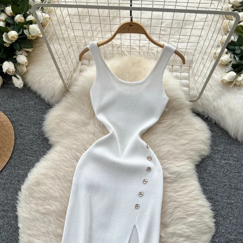 HELIAR Elastic Sexy Package Hips Knitted Long Dress Women Split Party Bodycon Summer Streetwear Outfits Dresses 250604
