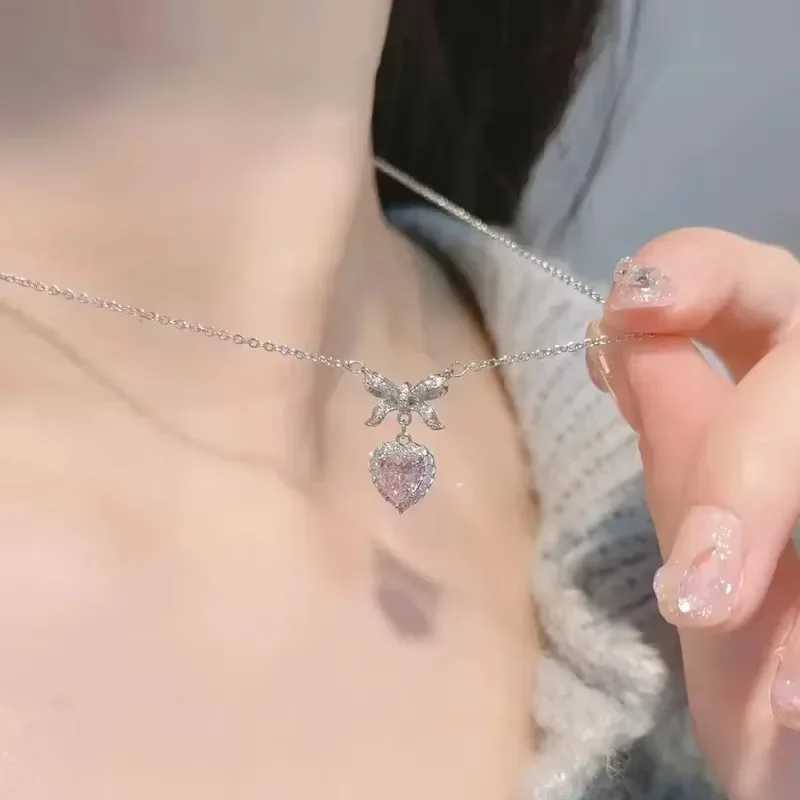 Cute Sweet Pink Bow Necklace Ladies Fashion Sparkling Rhinestone Heart Shape Pendant Clavicle Chain Delicate Wedding Accessories XJ250604
