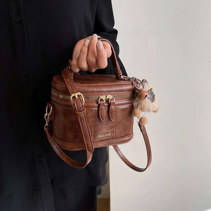 Women Crossbody Retro Pu Leather Phone Square Box Bag Versatile Zipper Mini Bucket Fashion Texture Top Handle Handbag