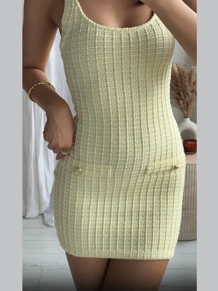 Butter Yellow Elasticity Knitted Mini Dress Women Elegant Splicing Bodycon Sleeveless Backless Gowns Lady High Street Vestidos 250604