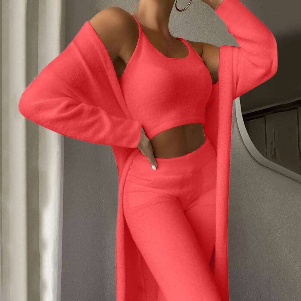 3Pieces Sets Women's New Sexy V-neck Plush Loungewear Sleeveless Crop Tops Waist Exposed Pants Long Coat 3-piece Set For Women