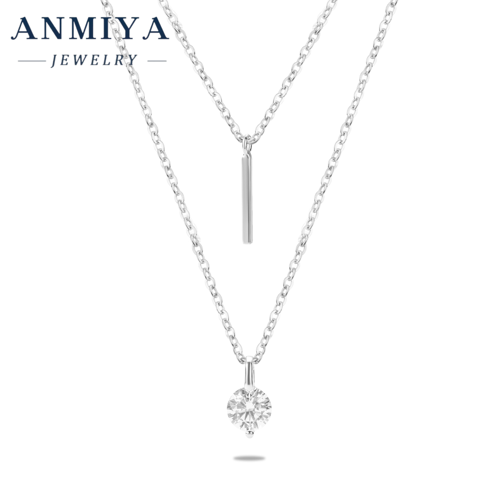 Minimalist Silver Jewelry Double Layered Necklace, Geometric Pendant with Zircon Accented , 925 Delicate Necklace for Daily