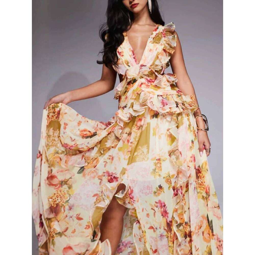 Runway Style Maxi Dresses For Women V Neck Sleeveless High Waist Patchwork Ruffles Edge French Sexy Printed Dress Female New