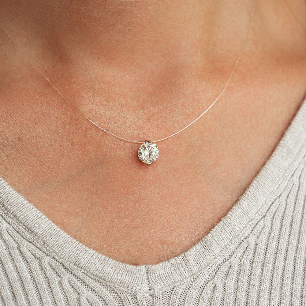 DHCollections 26 Inch Invisible Fish Line Moissanite Pendant Necklace 925 Sterling Silver Round Cut VVS1 Diamond Simulated Jewellery for Engagement or
