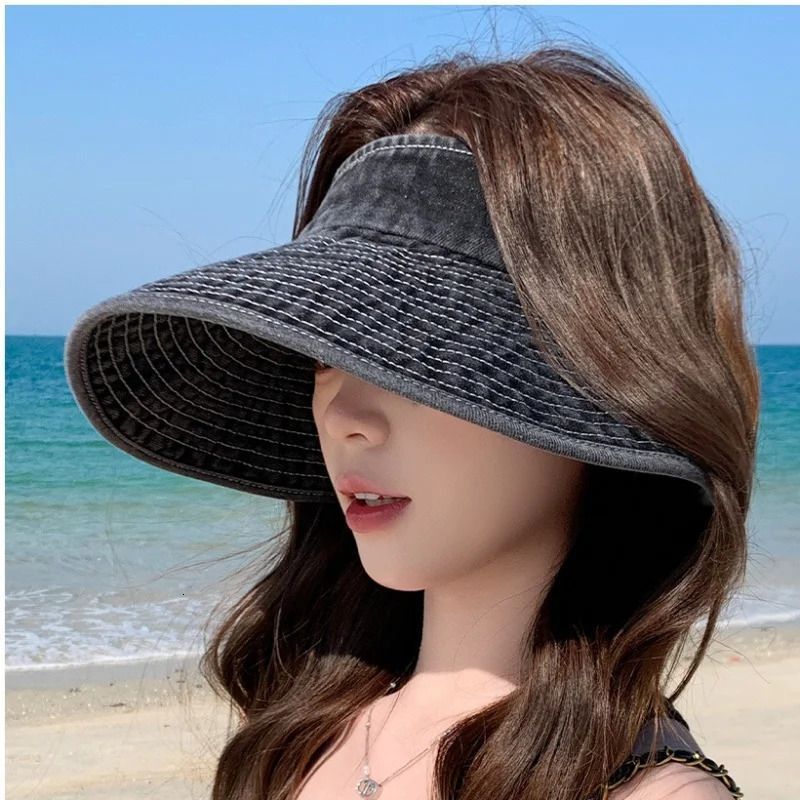 Simple Versatile Washed Cowboy Hollow Top Hat Womens Fashion Casual Sun Hat Large Ribbon Hat 250603