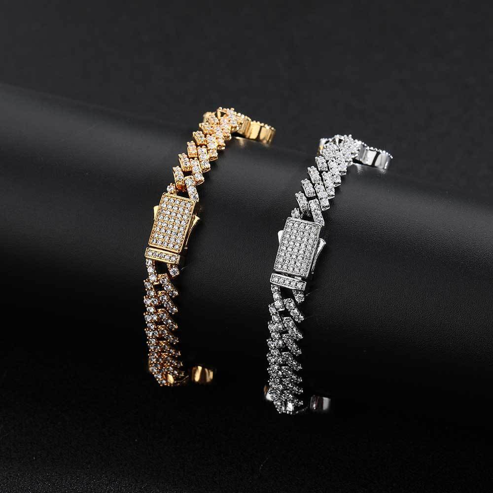 Hip hop Spring Buckle Clover Diamond Cuban Chain Moissanite Bracelet High End Versatile Mens Bracelet