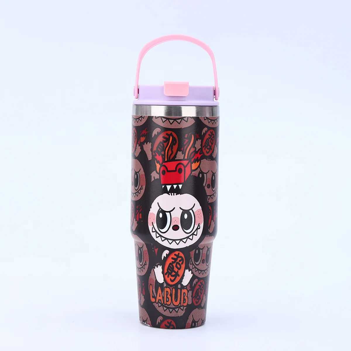 2024 New Cartoon Pattern Handheld Labubu Car Cup Stainless Steel Insulated Cup High Beauty Car Straw Ice King Cup Christmas Gift X2506051