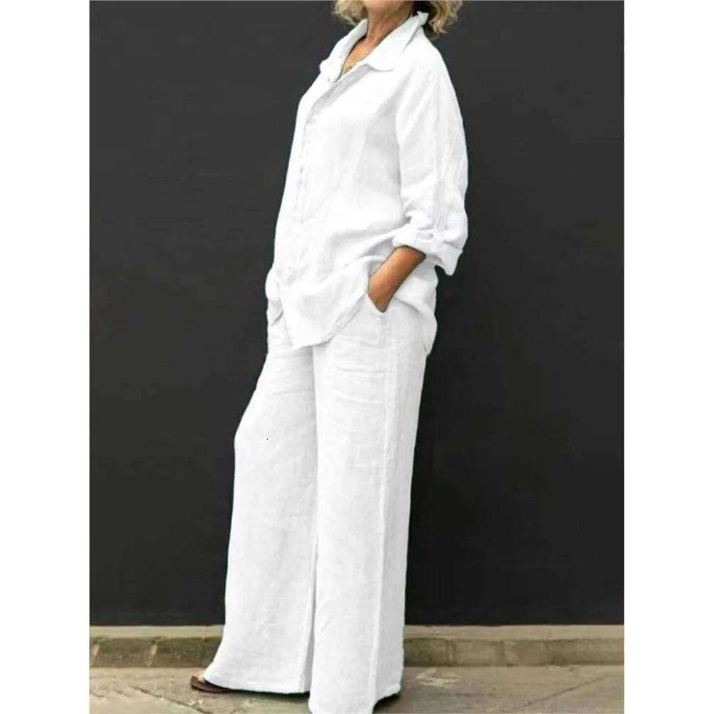 Linen Lapel Two Pieces Set Autumn Vintage Solid Color Long Sleeve Button Shirt Blouse Women's Casual Loose Straight Pants Suits