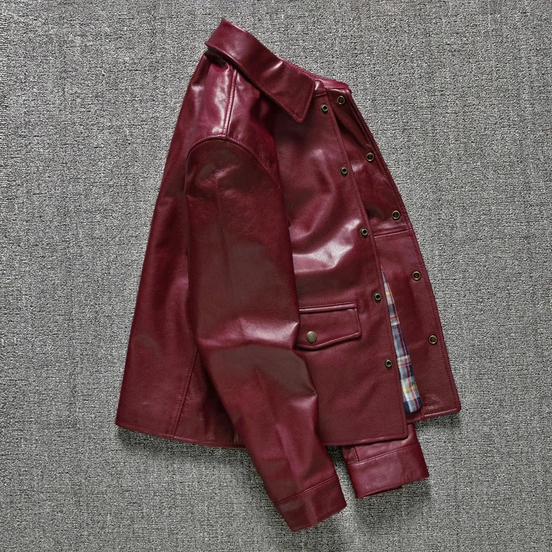 2025 Spring Casual Genuine Leather Jacket Men Natural Sheepskin Motorcycle Leather Jackets Red Oil Wax Slim Fashion Clothing 250530