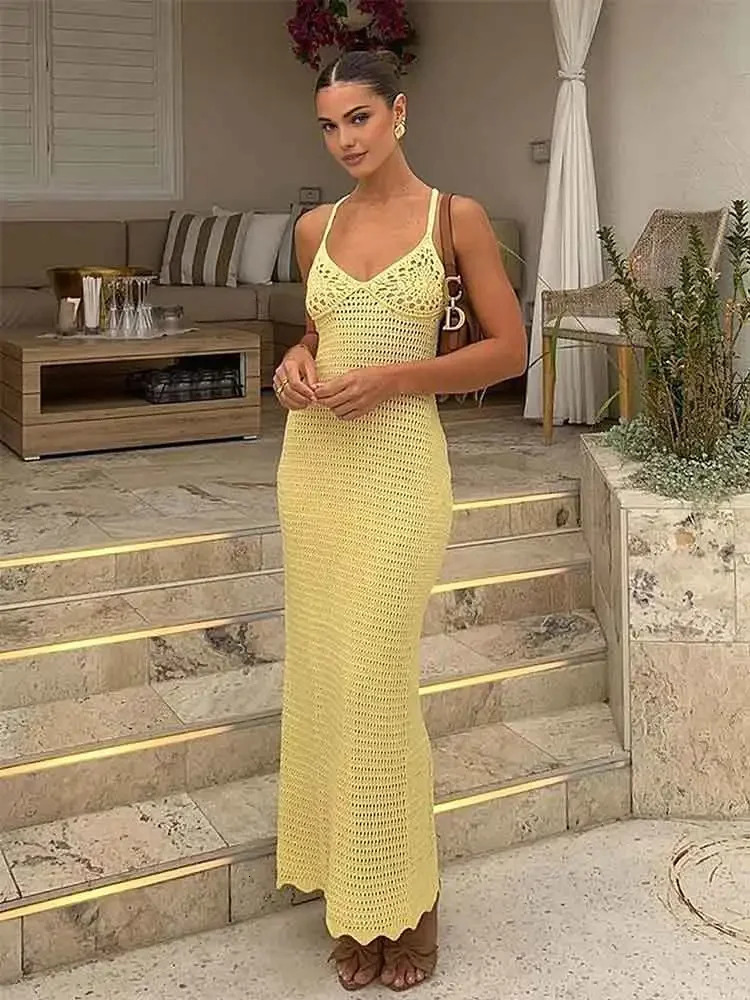 Solid Colour Sexy Knit Cut Out Holiday Beach Dresses Womens 2025 Summer Sexy V-Neck Spaghetti Strap Bodycon Maxi Dress K32 250604