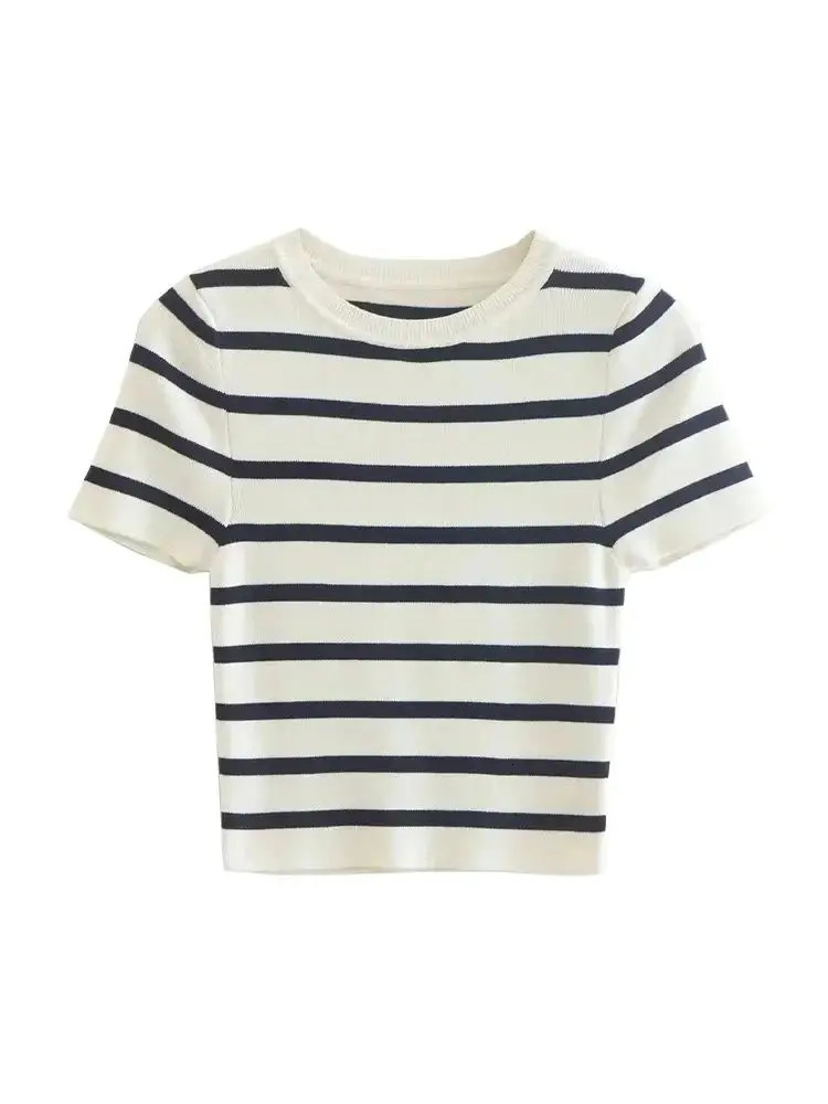 TRZA Women Fashion Striped Basic Cropped Knit Sweater Vintage O Neck Short Sleeve Female Pullovers Chic Tops 250530