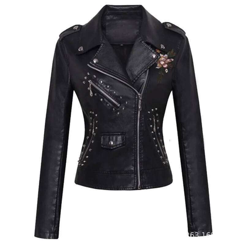 Spring and Autumn Women's New Lapel Rivets Decorated Waist Short Washed PU Leather Jacket