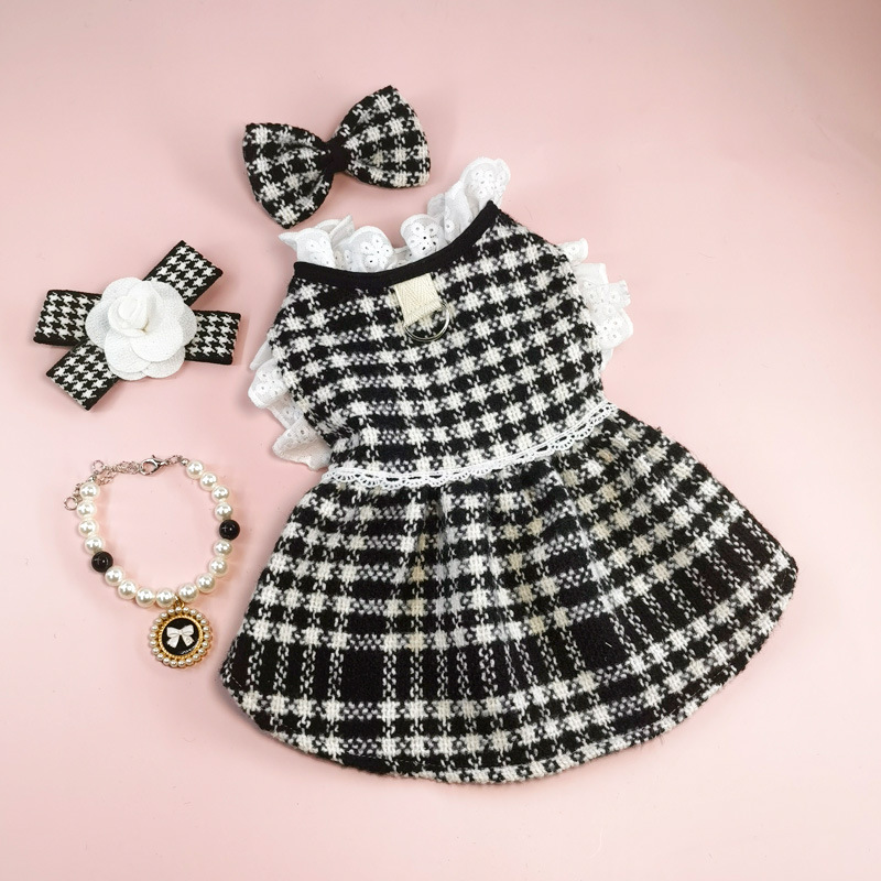 Cute Dog Dress Clothes for Small Dogs Cats Girl, Plaid Bow Tie Dog Harness Dresses with Pearls Bow Accessories Birthday Puppy Dress Yorkies Chihuahua 