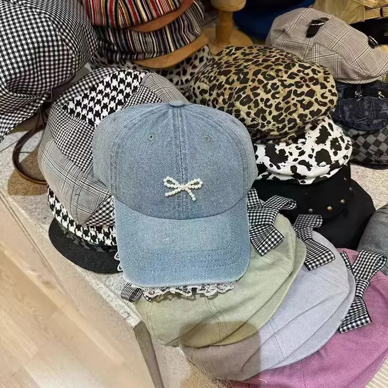 Denim Diamond Bow Kont Baseball Cap Korean Y2k Fashions Lace Baseball Hip Hop Hat Summer Sun Protection Beach Hat 250603