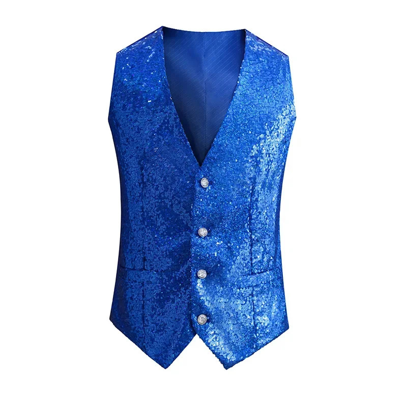Men Sequin Suit Vest Gold Silver Black Red Fashion Singer Host Pianist Stage Performance Dress Waistcoat 250605Z