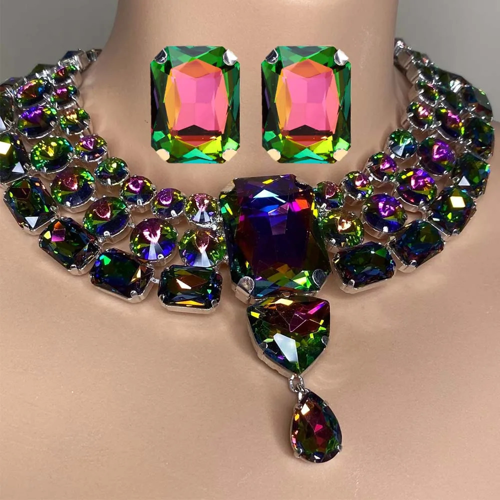 Stonefans Opulent Large Necklace Earring Set Indian Boho Party Wedding Set Statement Oversized Drag Queen Costume Necklace Gift 250530