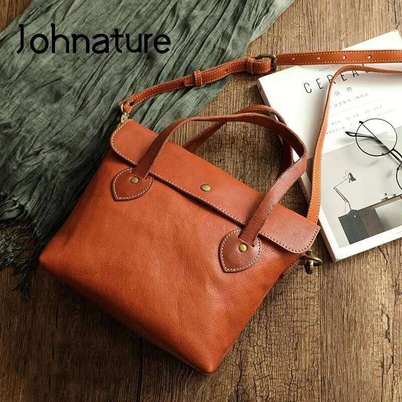 Johnature Simple Solid Color Genuine Leather Women Bag Vintage Versatile Handbag Natural Real Cowhide Leisure Shoulder Bags 2025/06/05