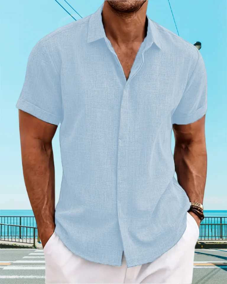 2025 New Mens Summer Hawaiian Daily Versatile Casual Solid-Color Lapel Cardigan Comfortable Beach Short-Sleeved Shirt Top XJ250605