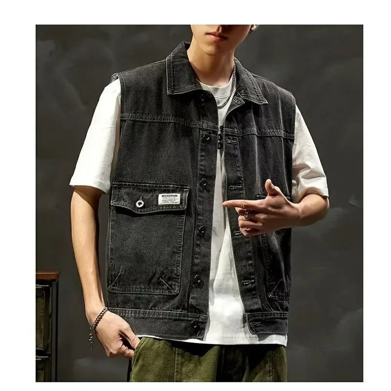 Trendy Denim Vest Jacket For Men Loosefit Shoulder Clipon Work Versatile Spring Autumn 250605Z