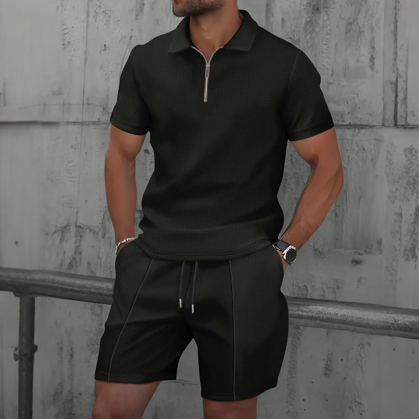 2025 Men Europe and the United States Summer Waffle Solid Color Zip-up Lapel Short-sleeve Suit Shorts Two Sets 250604