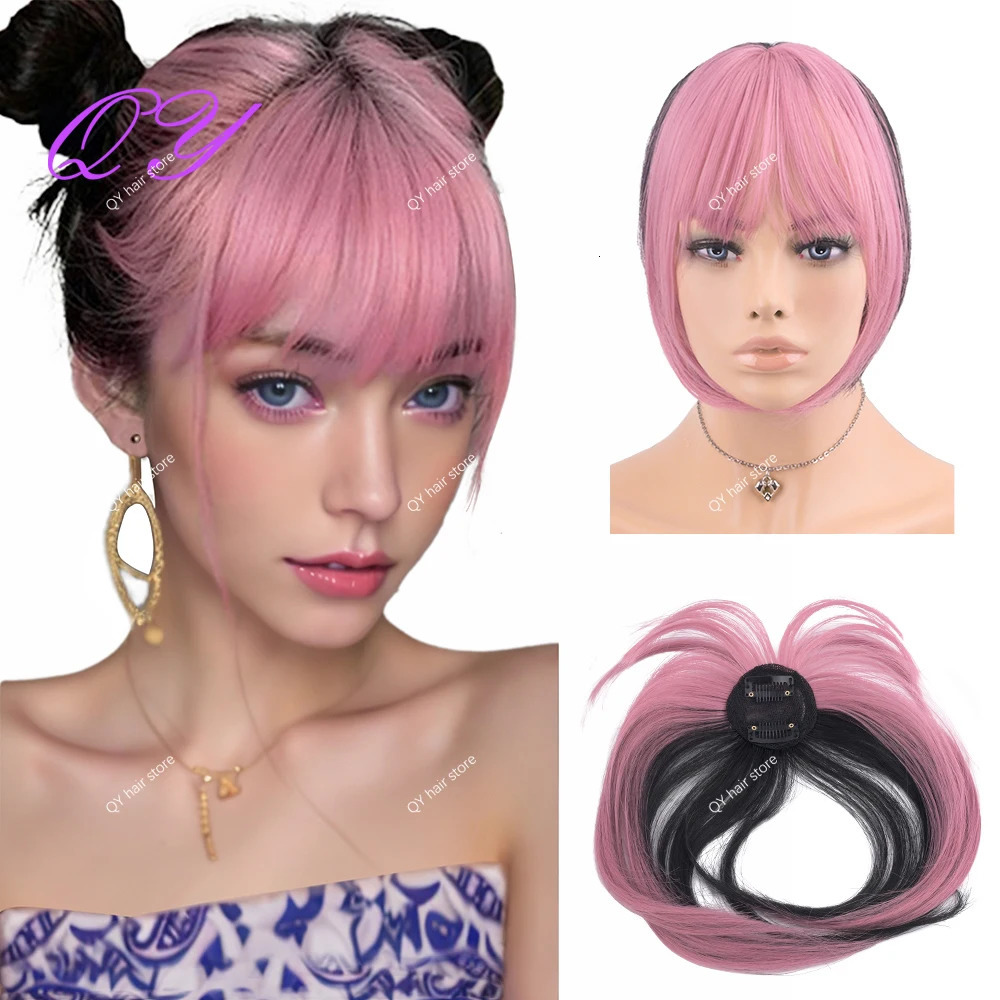 Synthetic Clip In Bangs Extensions Pink Easy To Wear For Women Daily Or Party Use Fringe Bangs Hairpieces 250529