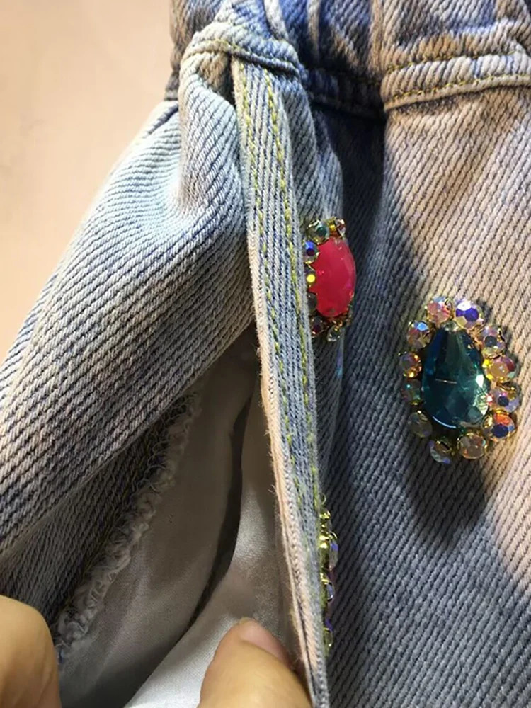 DEAT Womens Denim Shorts Colored Big Diamonds Drawstring Elastic Waist Wide Leg Short Pants Summer Fashion 29L1544 250604