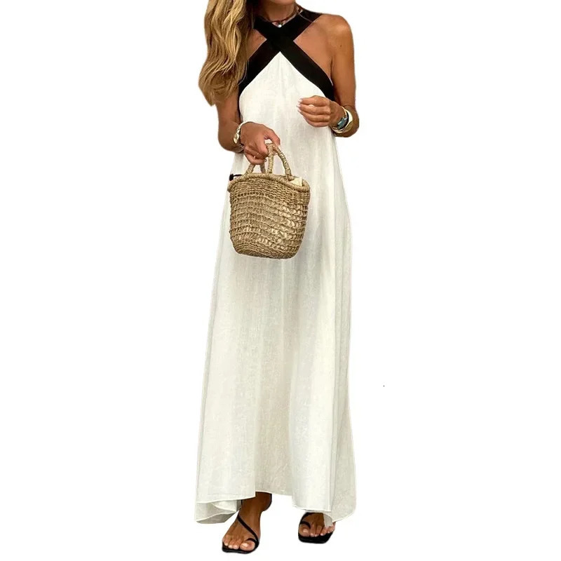 Spring Summer Womens Fashion Pure Color Hanging Neck Strapless Cotton Linen Dress Sleeveless Simple Maxi Dress 250604