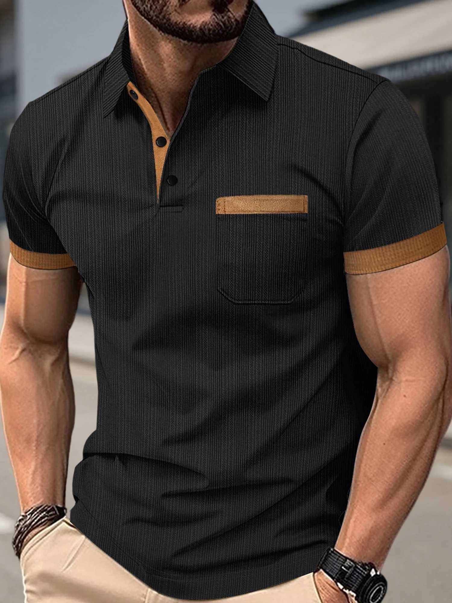Mens Summer Lapel T-Shirt with Stylish Contrast Colors and Short Sleeves - Perfect for Beach Vacations and Streetwear Fashion XJ250605