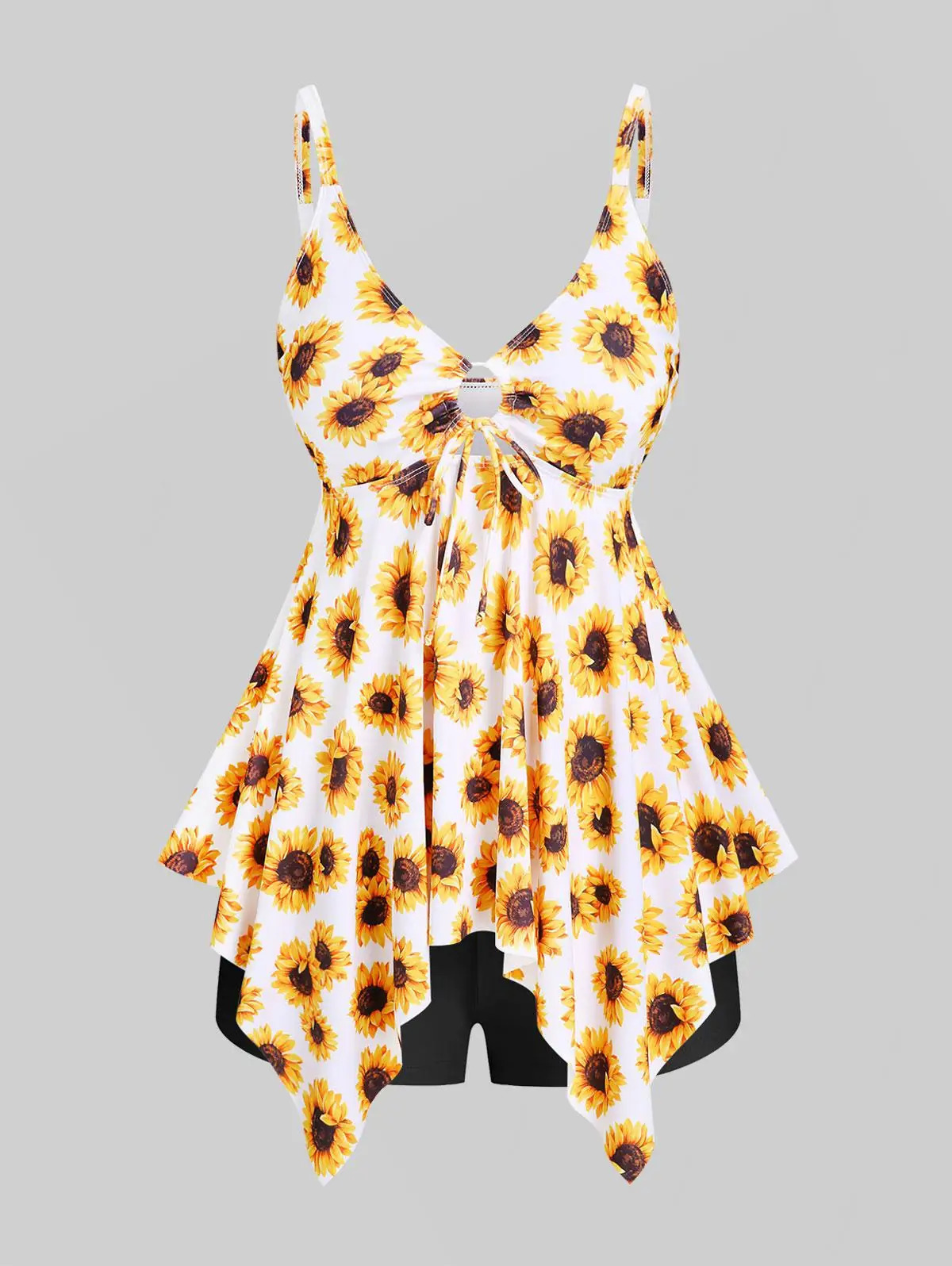 ROL Handkerchief Sunflower Print Cinched Plus Size Curve Modest Tankini Swimsuit 250603