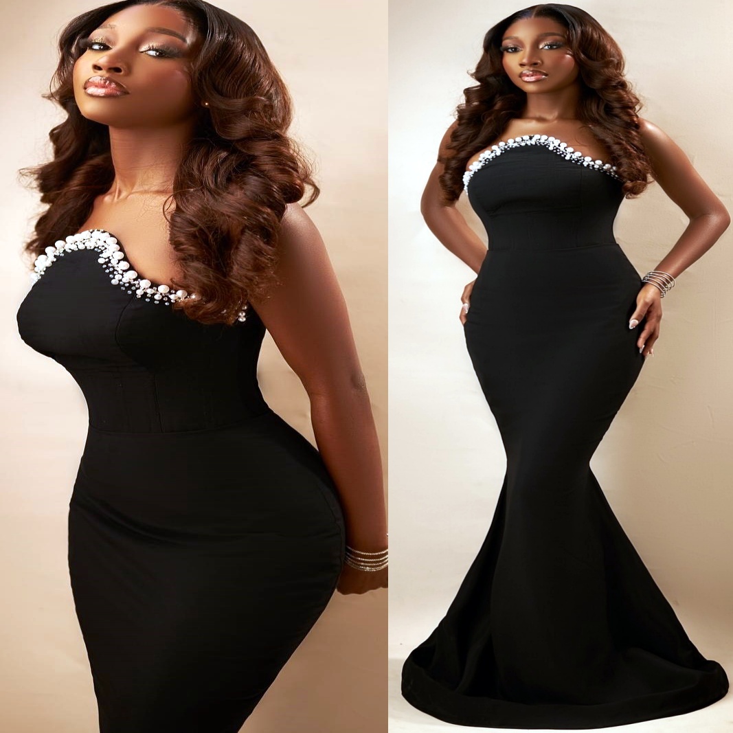 Black Mermaid Prom Dresses 2025 Pearls Crystals Satin Evening Formal Party Second Birthday Engagement Gowns Plus Size Dress For Special Occasions