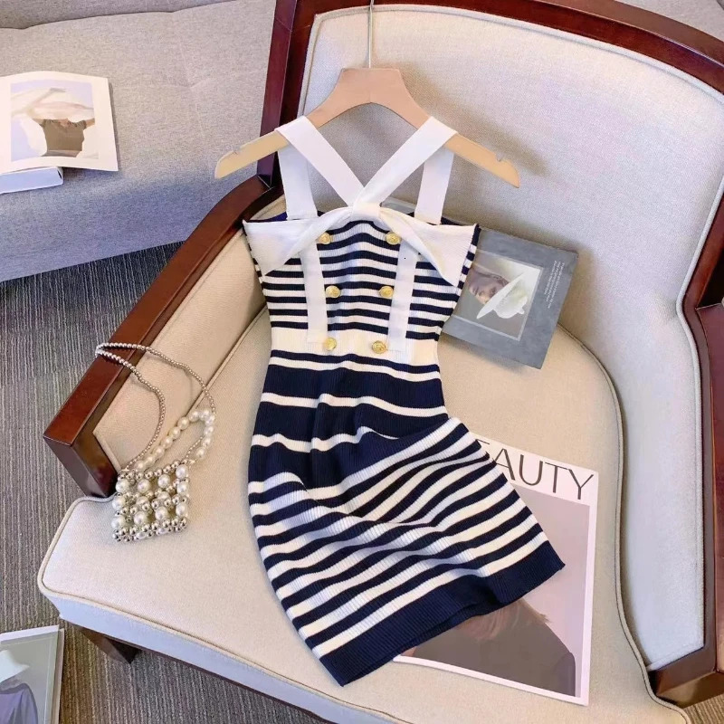Woman Halter Sleeveless Bodycon Dress Womens Slim Temperament Striped Mini Dresses Summer Knit Fashion Dress 250604