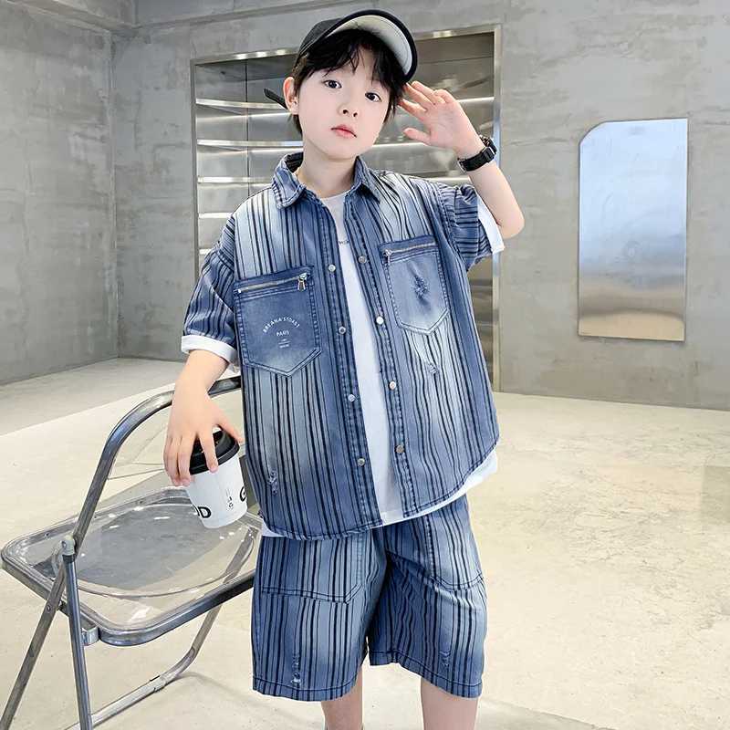 New Summer Kids Boy Clothing Set for Tweens Child Vertical Stripe Denim Shirt Shorts Cotton Two Pieces Clothes Suit For Teenager R250605
