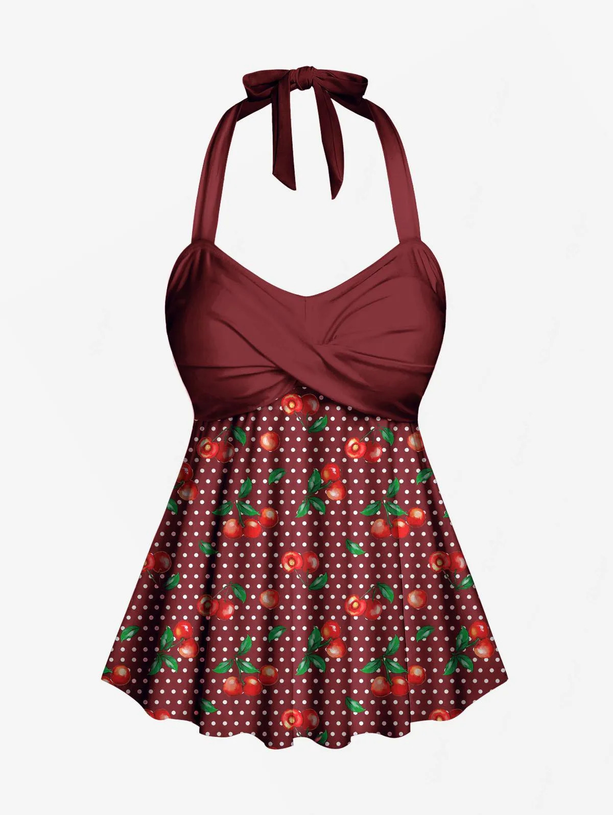 Rol plus Size Womens 1950s Retro Cherry Dots Print Halter Ruched Cinched Boyleg Tankini Swimsuit 250603