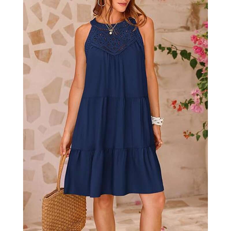 Women's Shein Hollow Out Lace Trim Patchwork Halter A-Line Dress B5