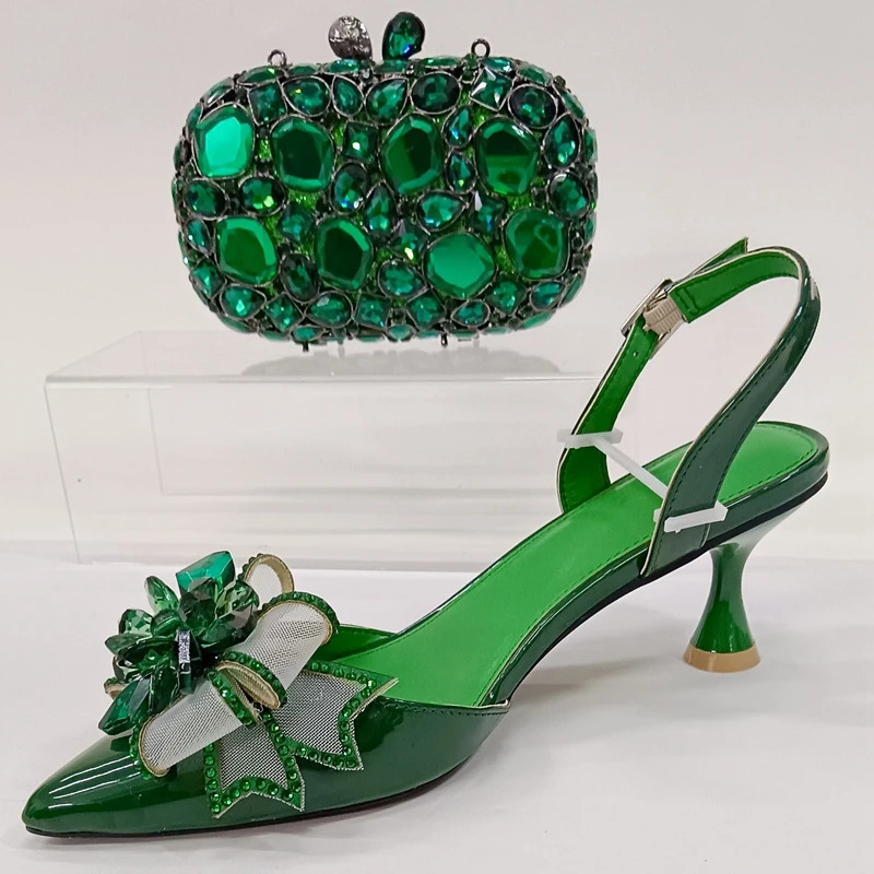 INSIGHTLINK Womens Green Color Rhinestones Shoes and Bag Set Pointed Toe Pumps for Wedding Party Diamonds High Heeled Sandals 250605