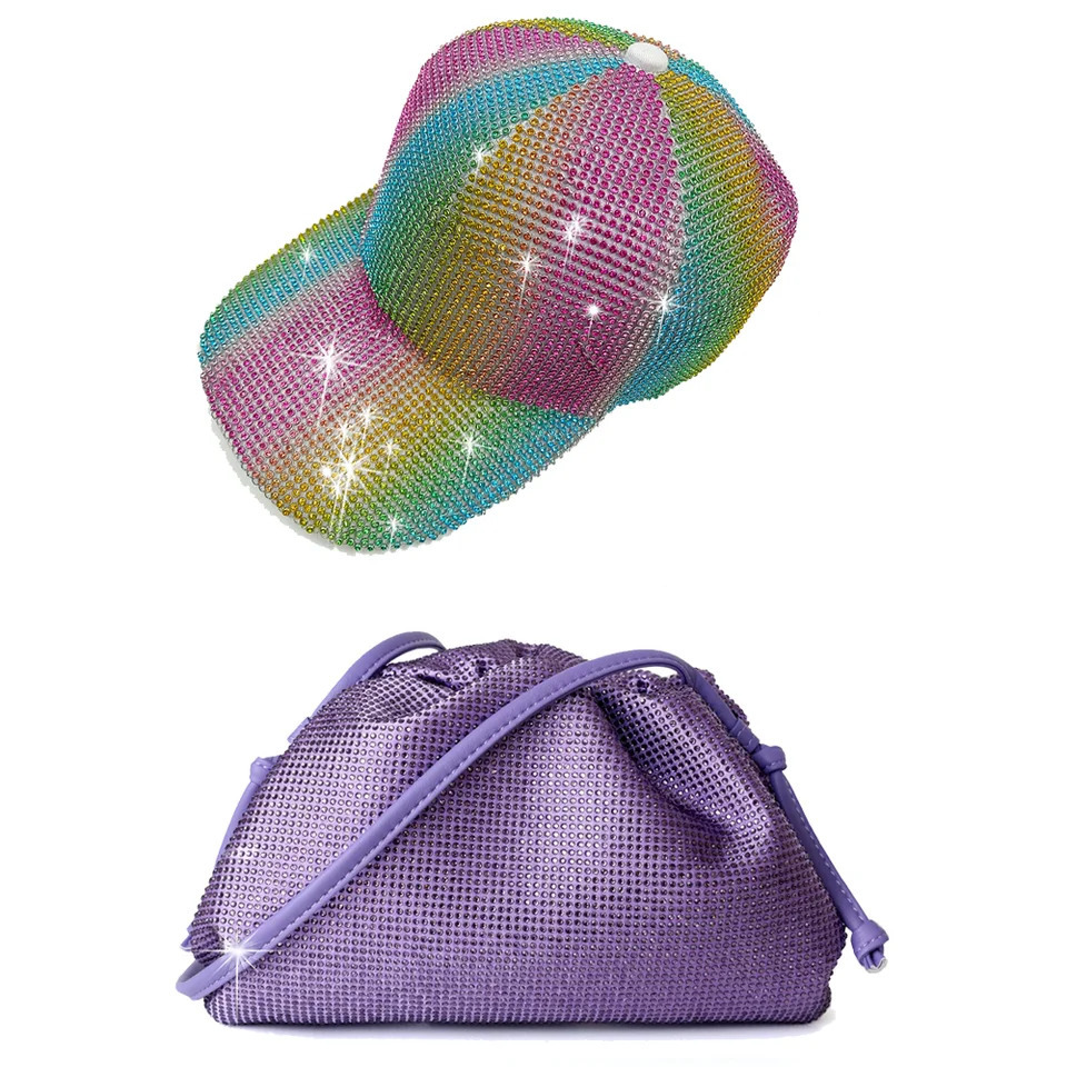 Super Flash Full Diamond Baseball Hat and Rhinestone Bag Set Summer Empty Top Hat Breathable Sunshade Beach Sun Hat Wholesale 250603