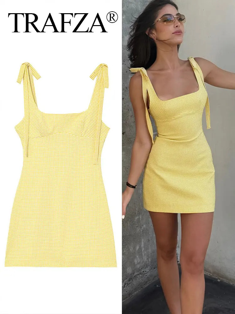 TRAFZA Elegant Womens Summer Dress Yellow Plaid Sleeveless Backless Slim Dresses Chic Bow Decoration Sexy Party Woman Dress 250604