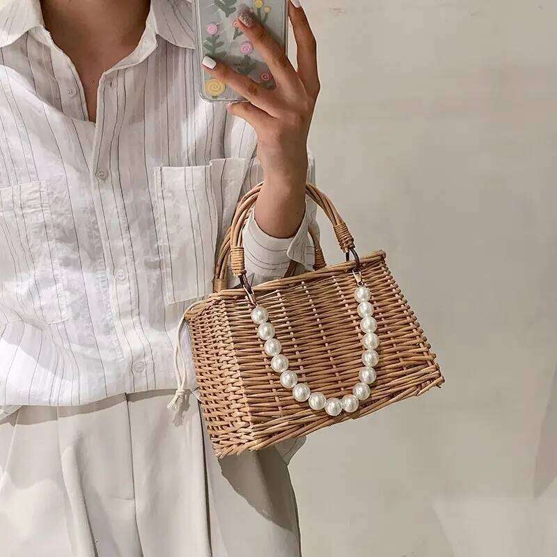 Casual Pearl Handle Women Handbag Summer Quality Rattan Handmade Tote Fashion Shoulder Bags Ribbon Bow Women's Bag