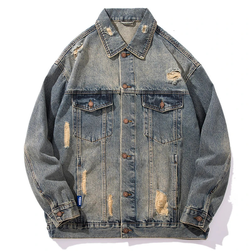 Spring Autumn Mens Streetwear Trendy Fashion Plus Size Loose Casual Vintage Ripped Denim Motorcycle Jacket Jeans Coat 250529