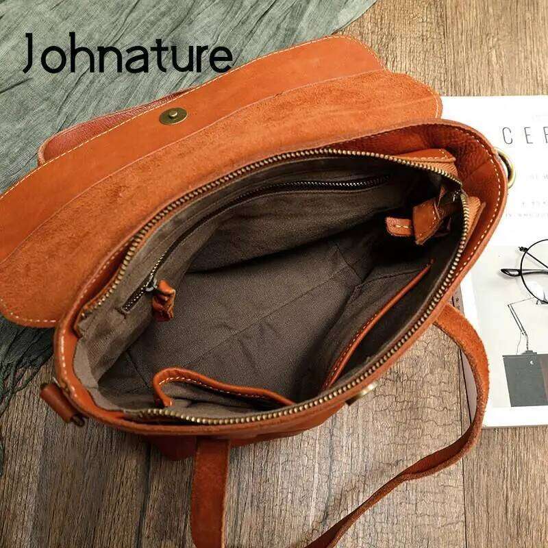 Johnature Simple Solid Color Genuine Leather Women Bag Vintage Versatile Handbag Natural Real Cowhide Leisure Shoulder Bags 2025/06/05