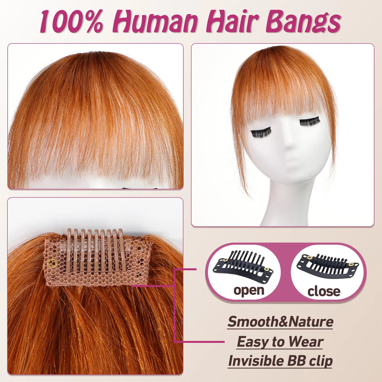 Bangs Hair Clip in Bangs 100% Real Human Hair Extensions Wispy Bang Ginger Copper Fake Bangs Fringe with Temples for Women Daily 250529