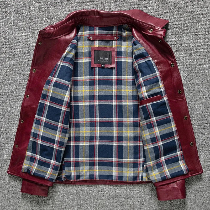 2025 Spring Casual Genuine Leather Jacket Men Natural Sheepskin Motorcycle Leather Jackets Red Oil Wax Slim Fashion Clothing 250530