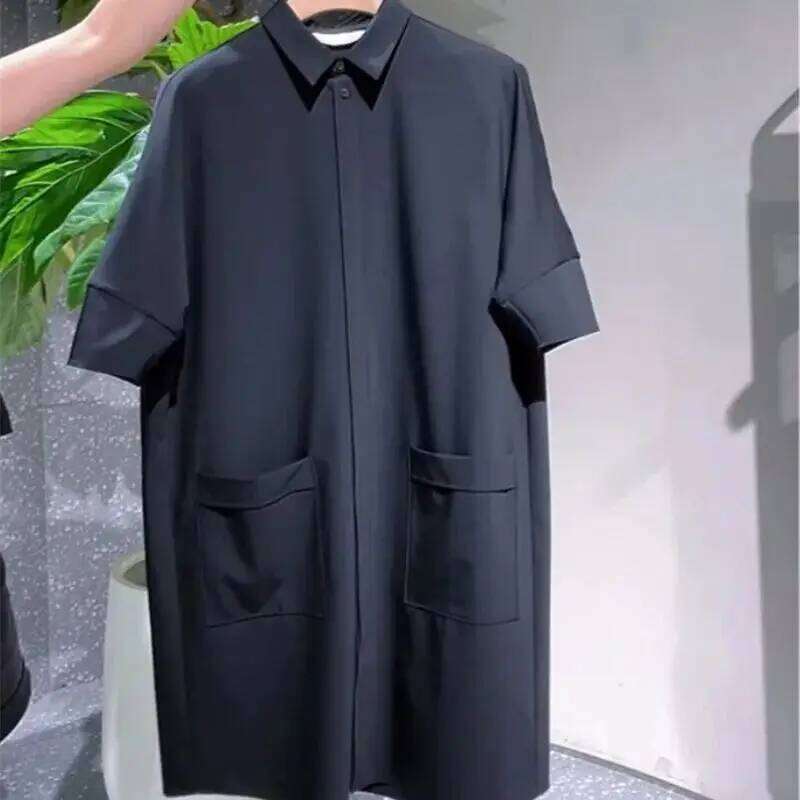 Limiguyue Summer Elegant Polo-neck Shirt Dress Women Vintage Fashion Casual Loose Midi Dresses Pocket Design Black Vestidos 099P