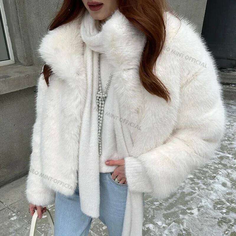 Neo Mint 2024 Winter Women Yellow Faux Jacket Chic Girls Fashion Streetwear Thicken Warm Stand Collar Fox Fur Coat Outerwear
