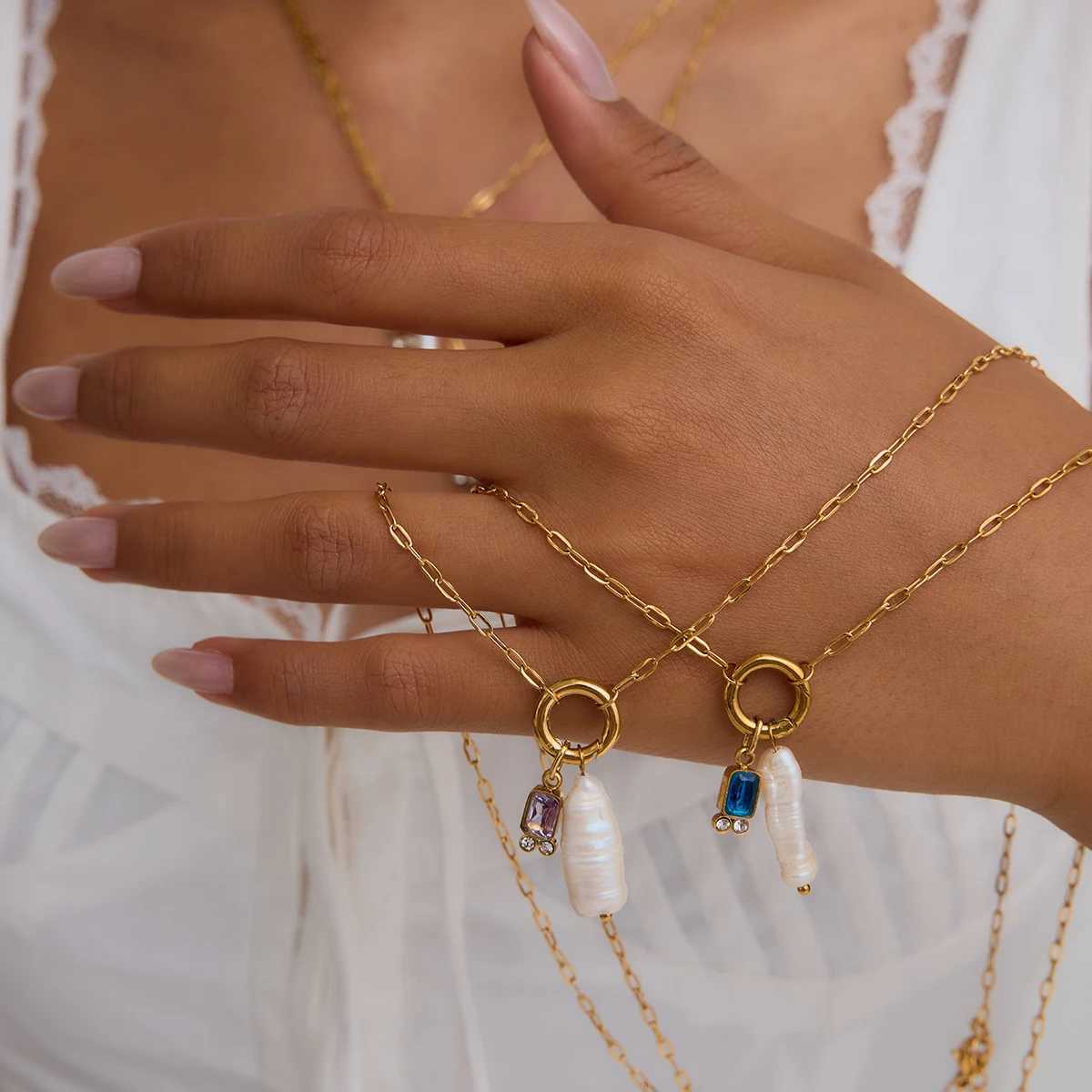 Youthway Natural Pearls And Color Zirconia Pendant Necklace Stainless Steel Jewelry 12 Birthstones Lucky Pendant Necklace Gift XJ250604