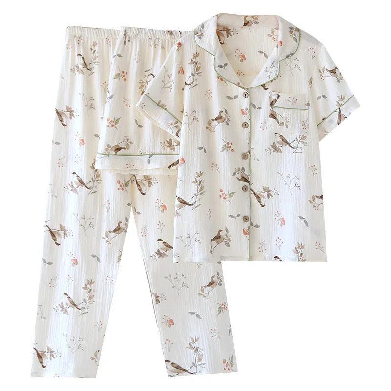 Wholesale Retail Cotton Gauze Three-piece Pajamas Womens Thin Short Sleeve Shorts Large Size Trousers Loungewear Set 250529